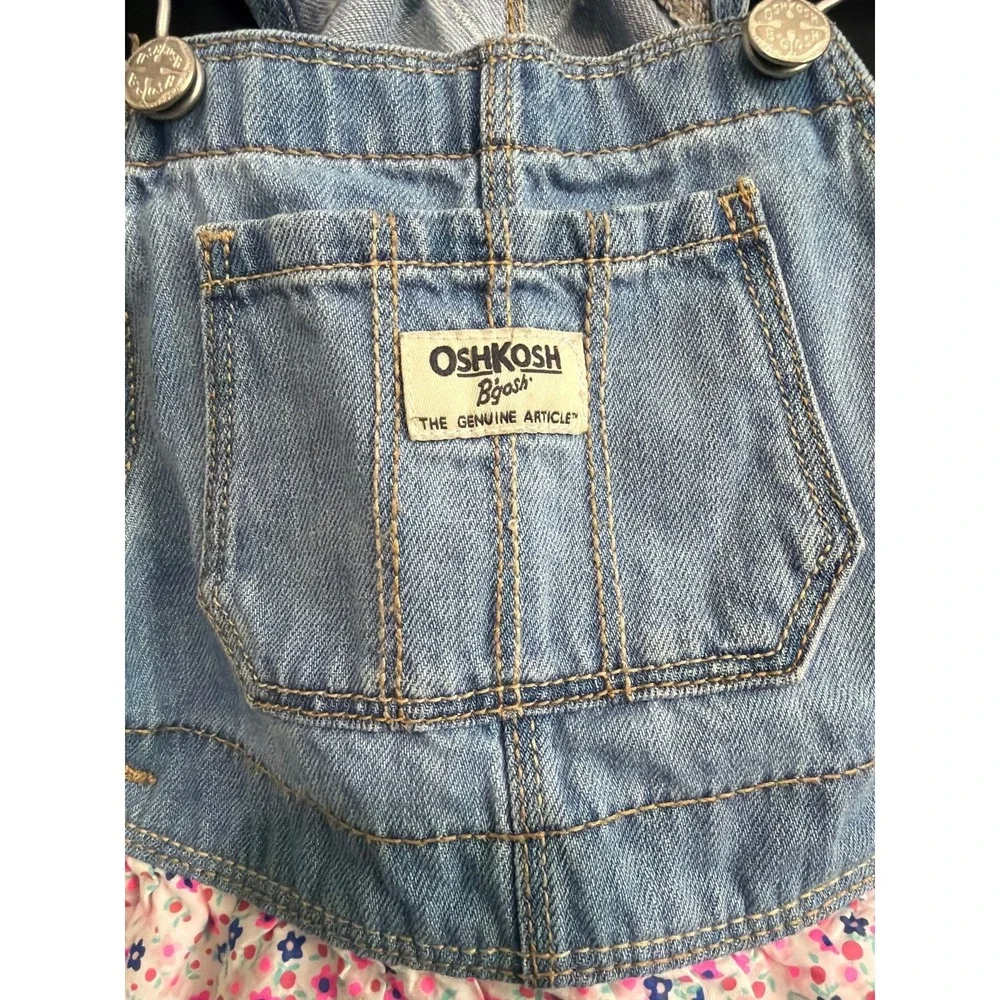 OshKosh B'gosh Overall Dress 4T Blue Pink Floral Ruffle Denim Skirtall OSH11771